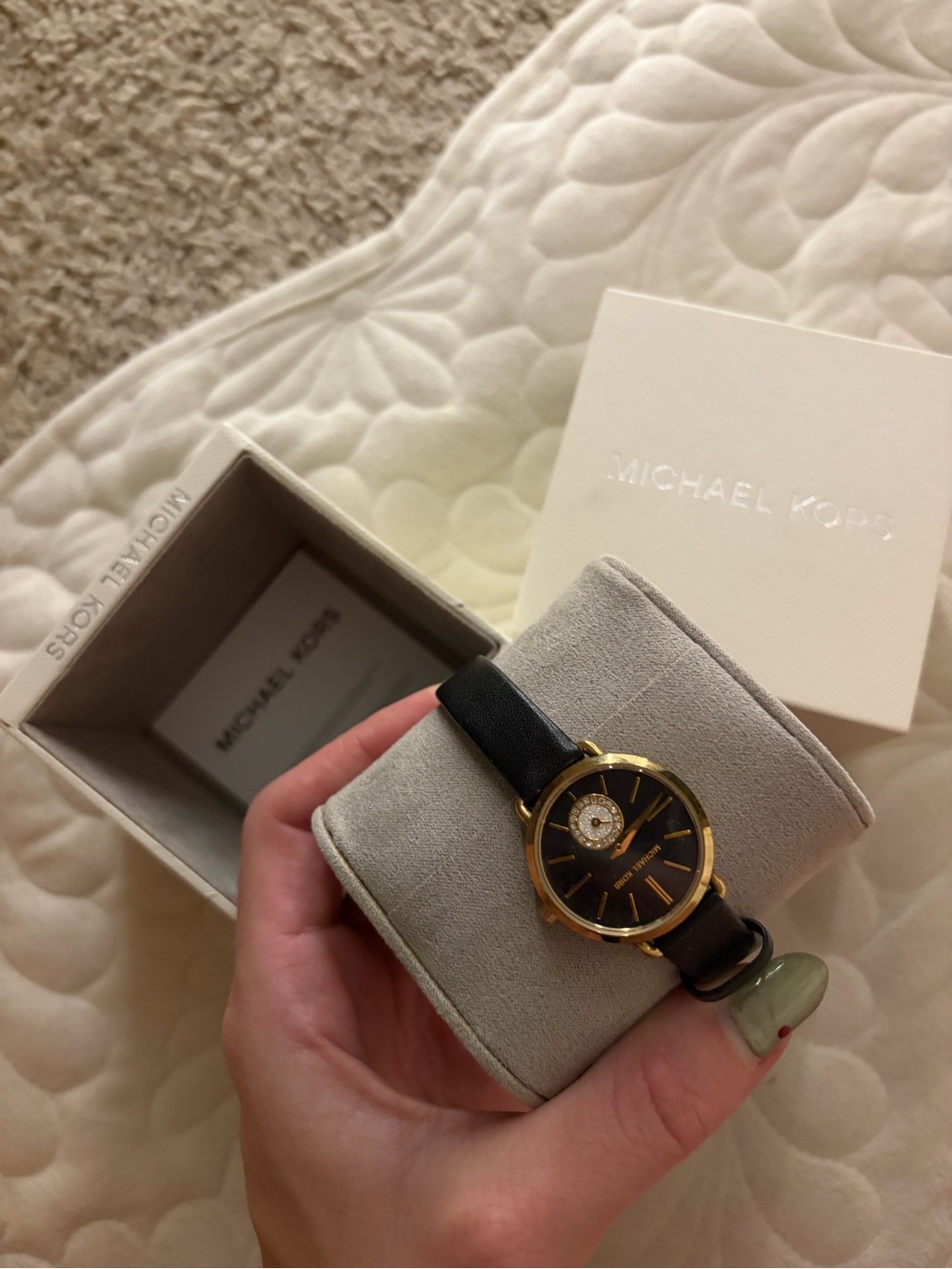 Michael Kors Black Dial Gold-Tone Petite Leather Strap Watch